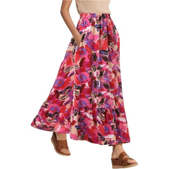 Women's Flowy Boho A-Line Pleated Maxi Skirt Pink - Picture 1 of 5